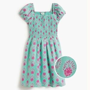 Crewcuts Dress Size 6 Puff Sleeve Smocked Aqua Pink Floral Cottagecore